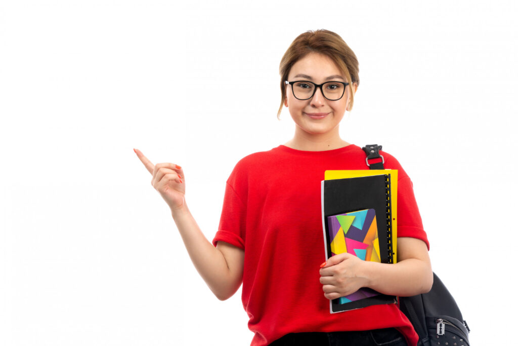Girl pointing out approach of teaching IELTS, PTE, German and other languages